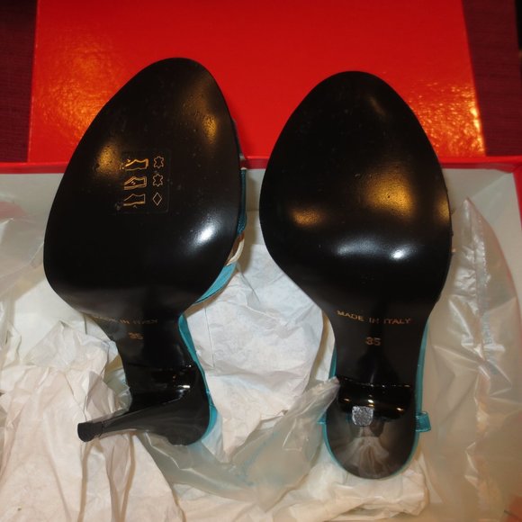 NIB Beautiful FUSS Metallic Turquoise Ankle Strap Stiletto Sandals - Picture 9 of 9